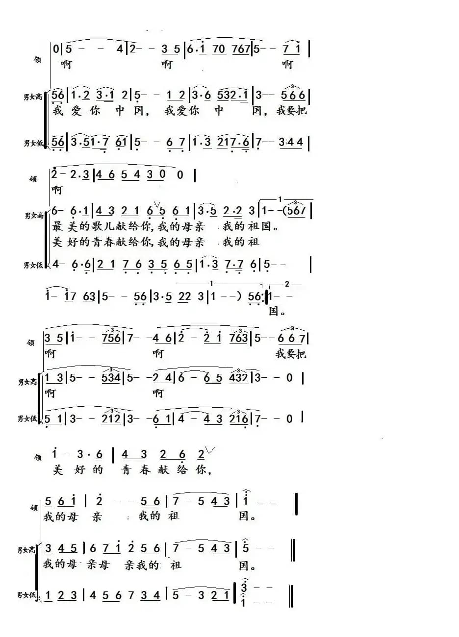 我爱你中国（二声部合唱）
