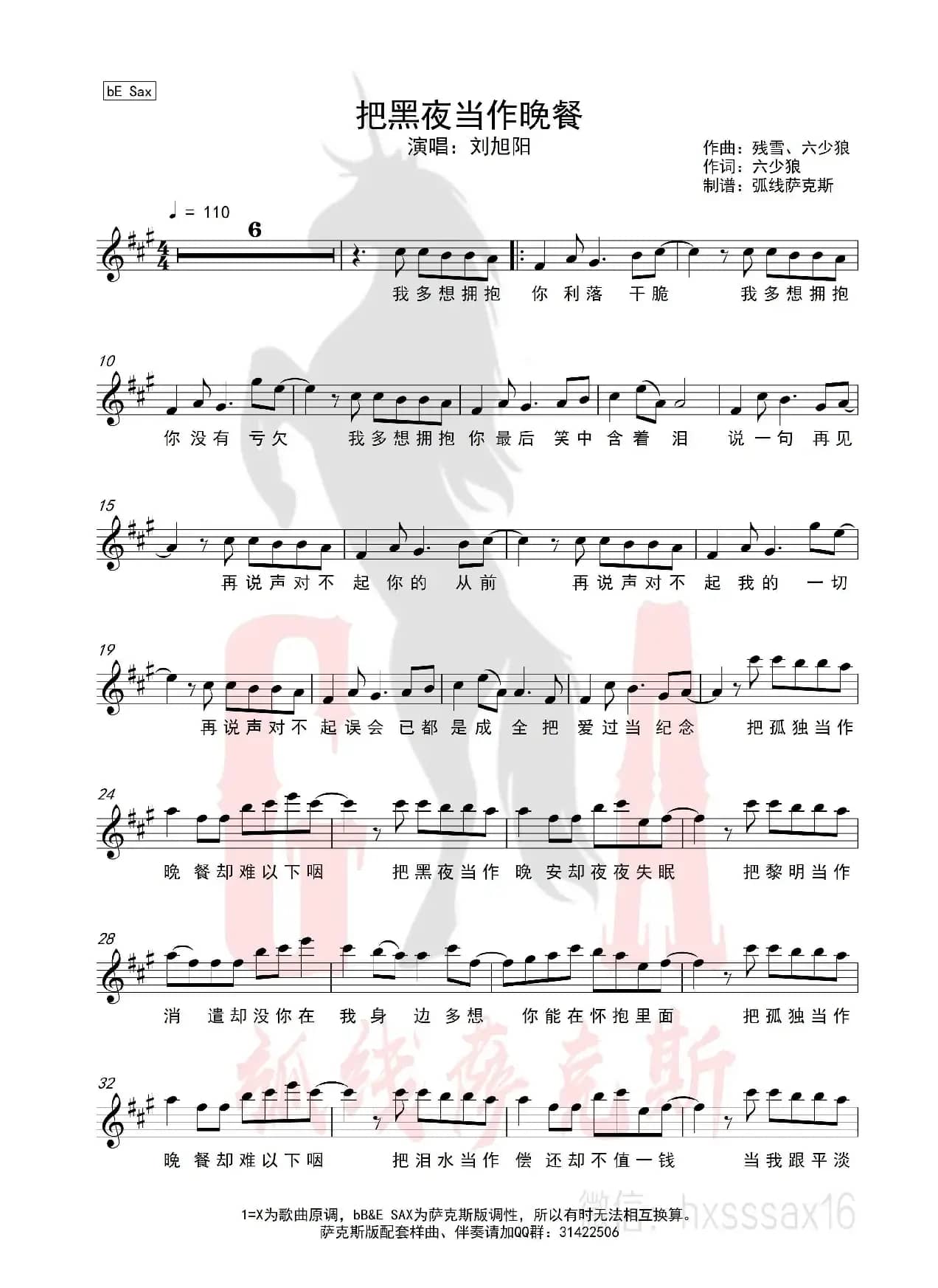 把黑夜当作晚餐（简谱&萨克斯五线谱）