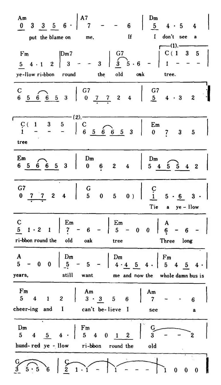 [美]Tie A Yellow Ribbon Round The Old Oak Tree（老橡树上的黄丝带、带和弦）