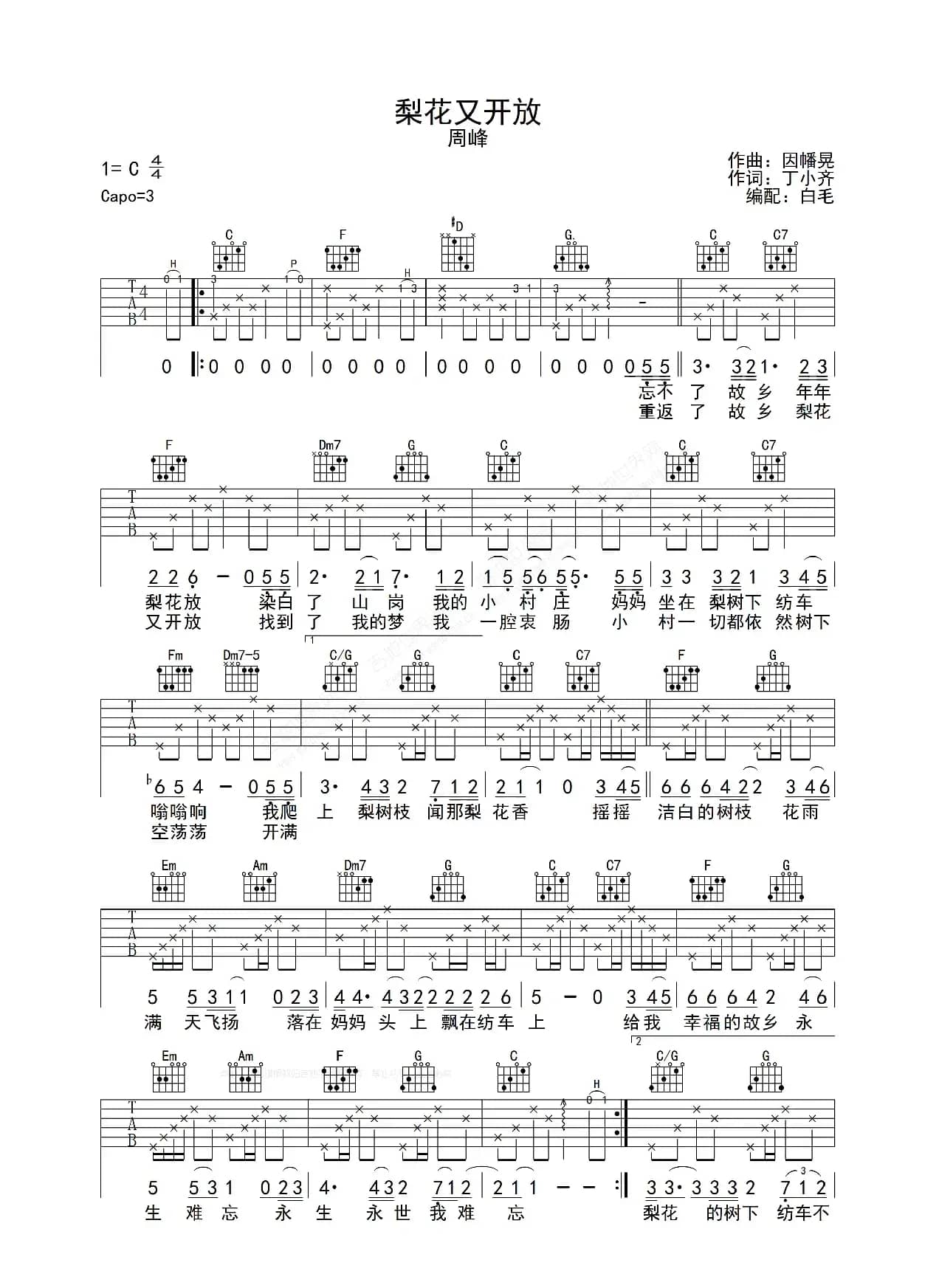 梨花又开放（吉他弹唱C调版）