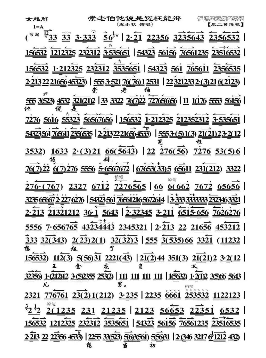 崇老伯他说是冤枉能辨（《女起解》选段、琴谱）