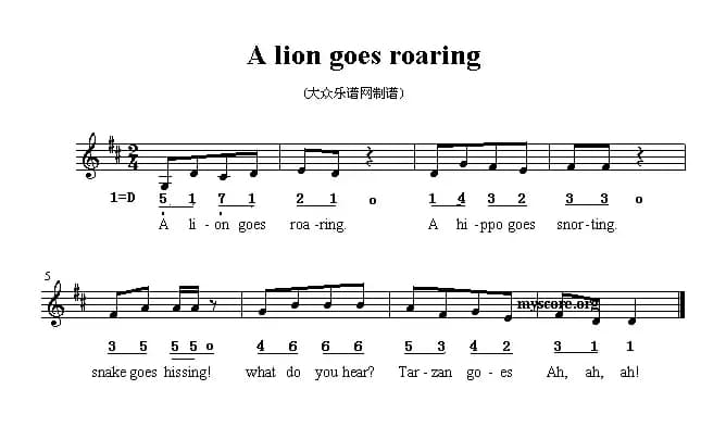 A lion goes roaring（英文儿歌、五线谱）