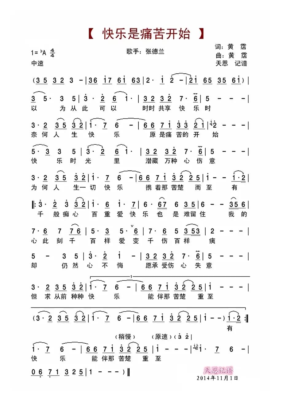 快乐是痛苦开始（张德兰演唱）