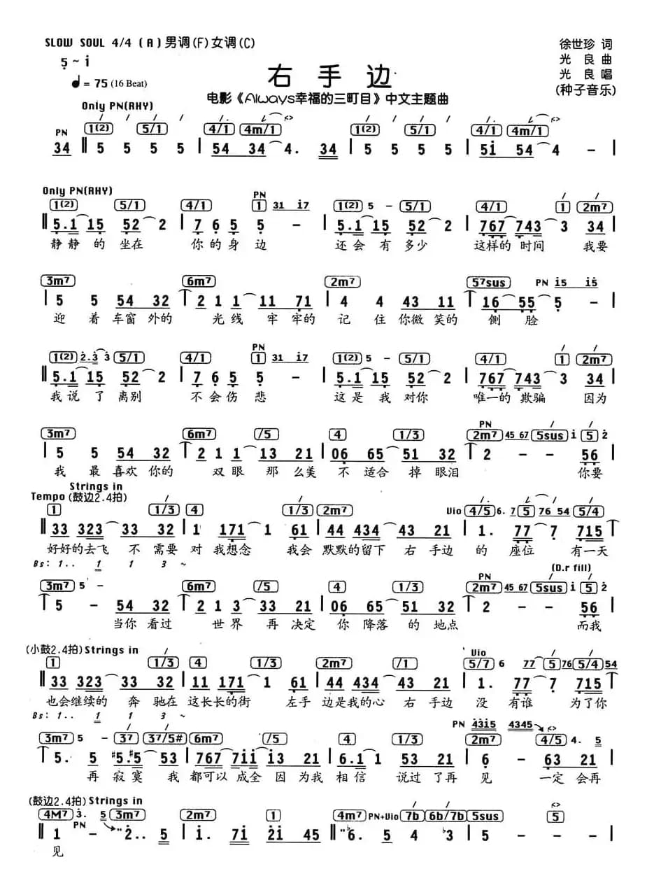 右手边（编配乐谱）