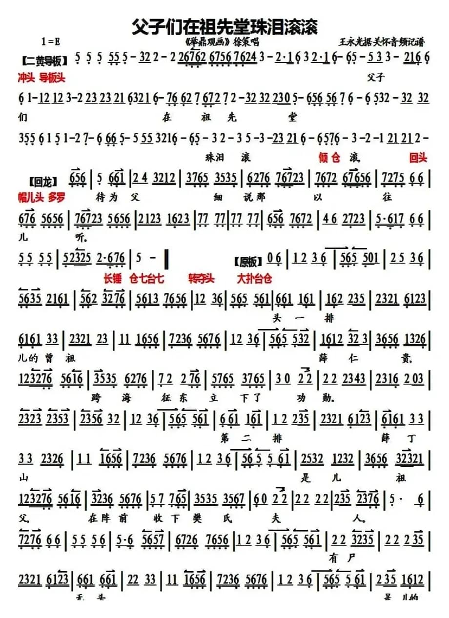 父子们在祖先堂珠泪滚滚（《聚鼎观画》徐策唱段、琴谱）