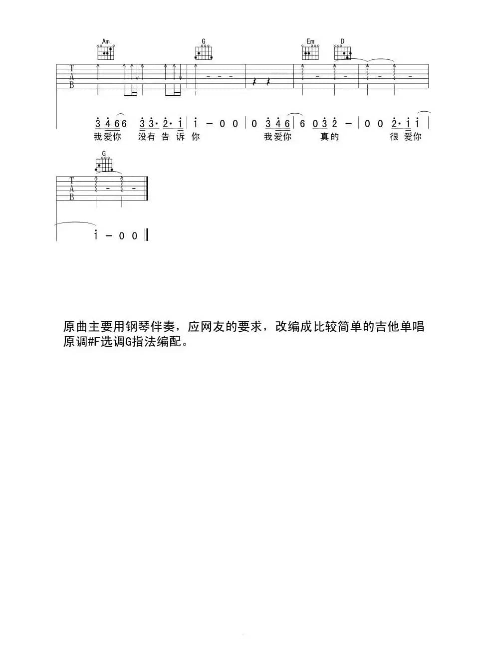 我想大声告诉你（六线吉他谱）