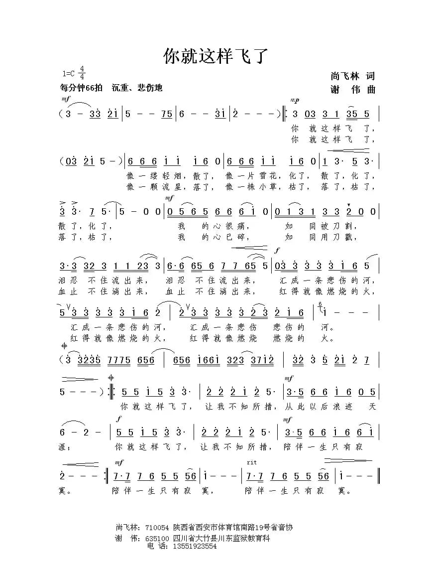 你就这样飞了（尚飞林词 谢伟曲）