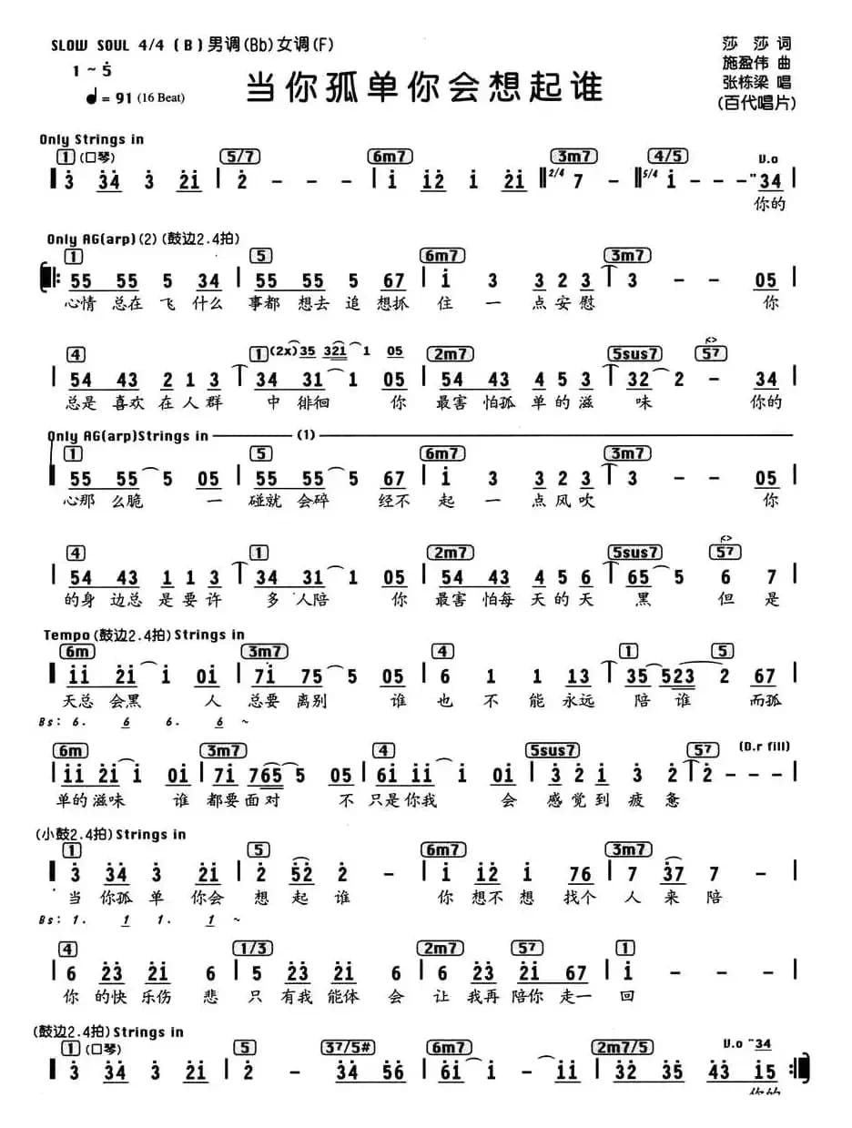 当你孤单你会想起谁（编配乐谱）