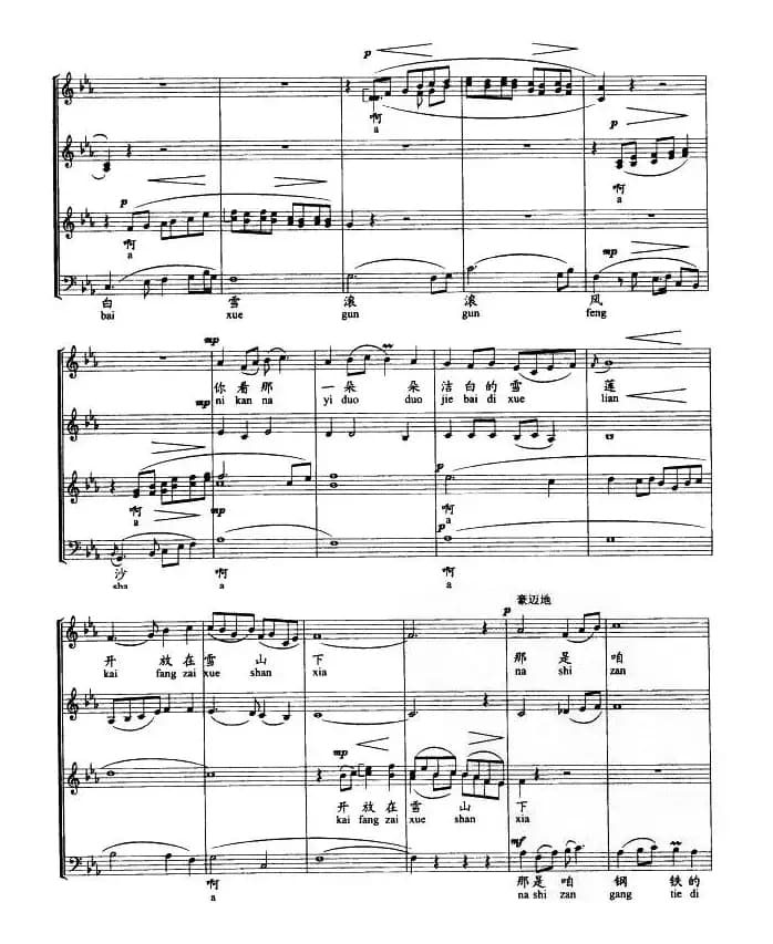 心儿飞向金珠玛(无伴奏混声合唱 、拼音注音、五线谱)