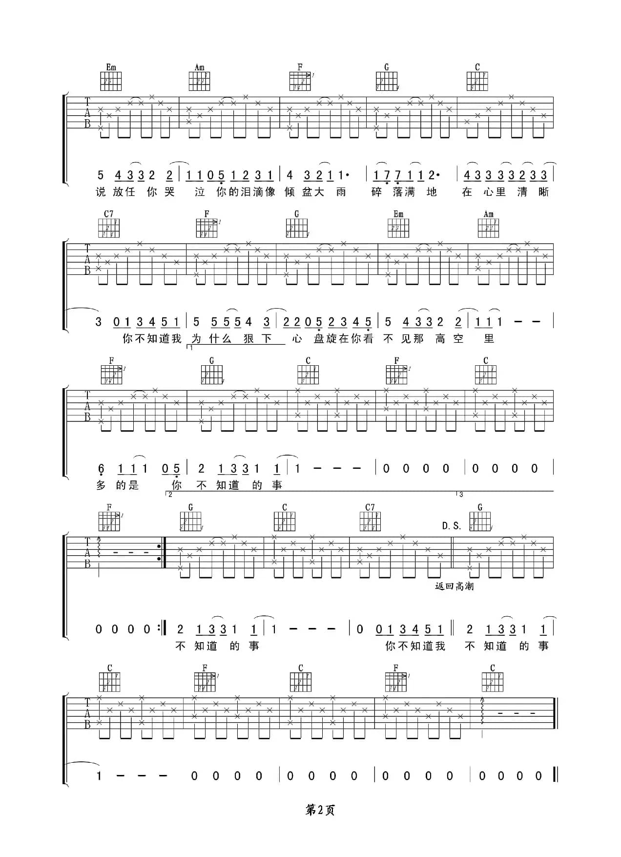 你不知道的事（吉他六线谱）