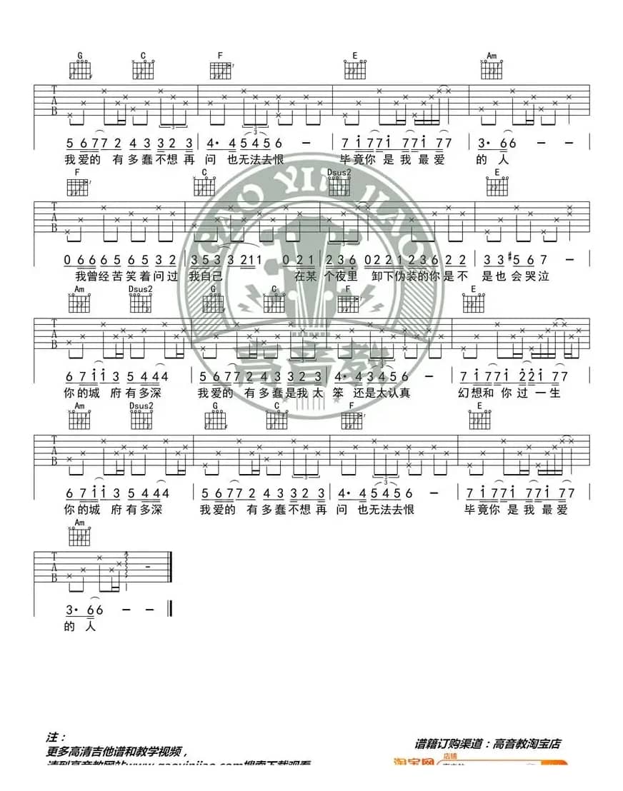 许嵩《城府》吉他谱C调精华版 高音教编配 猴哥吉他教学