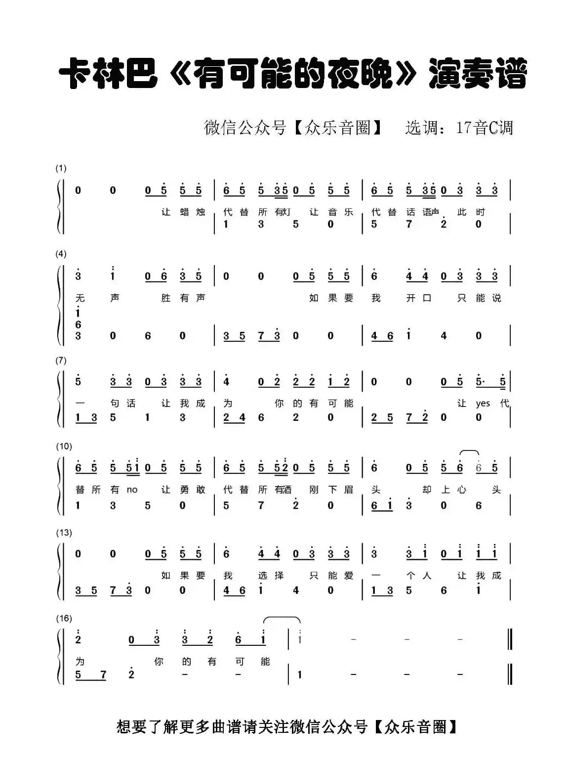 有可能的夜晚（拇指琴卡林巴琴和弦简谱）