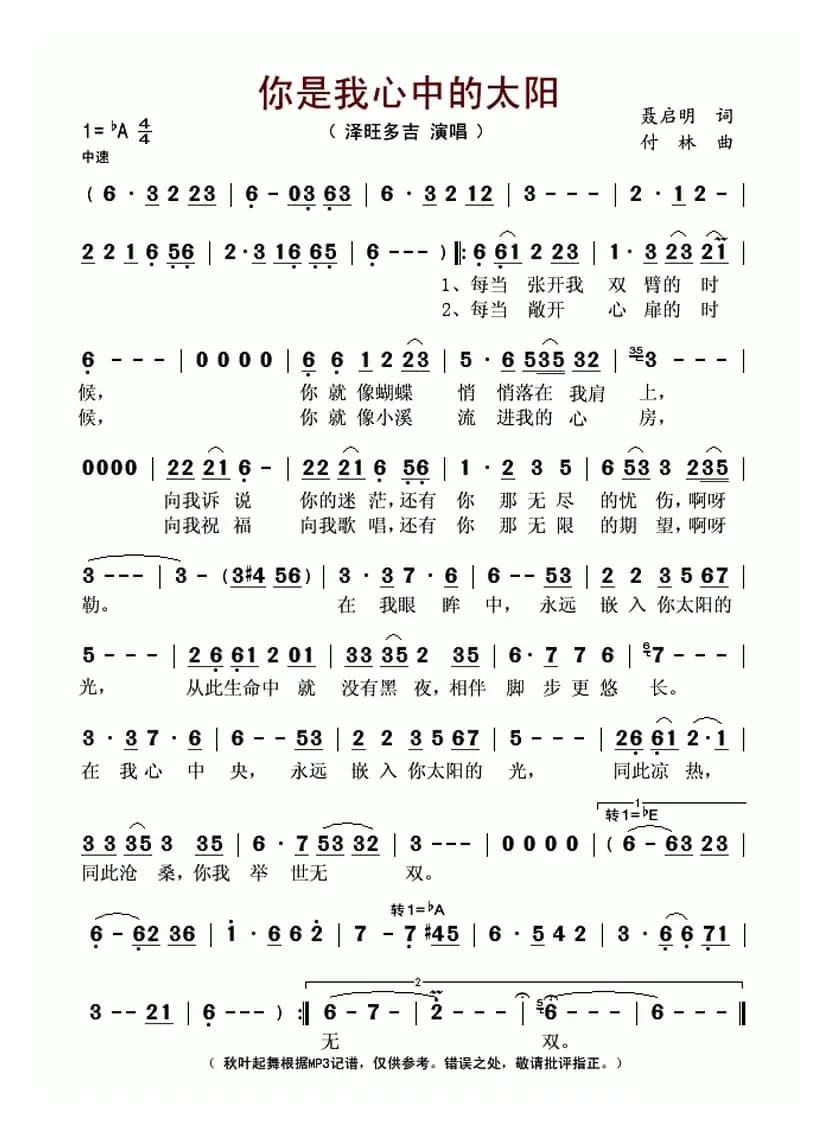 你是我心中的太阳（聂启明词 付林曲）