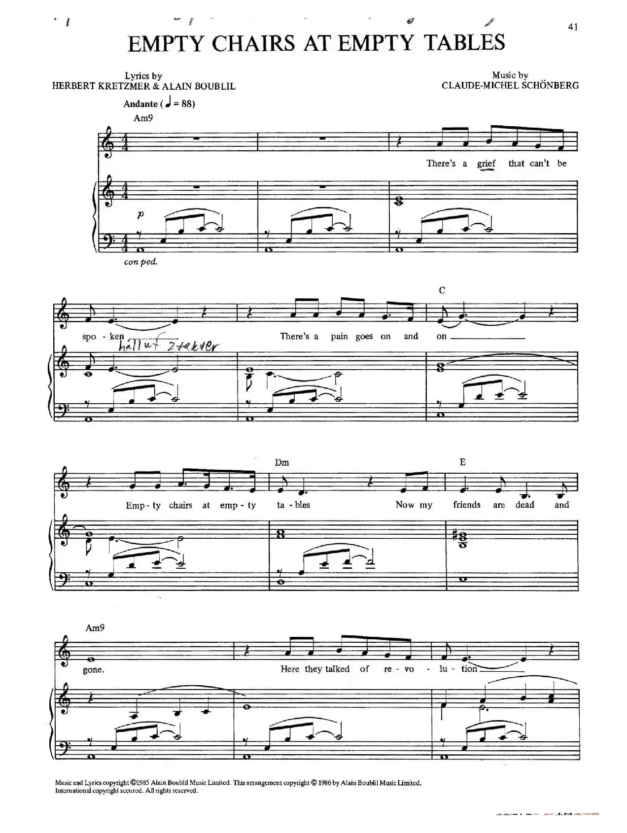 Empty Chairs at Empty Tables (音乐剧《悲惨世界》(Les Miserables)选曲、正谱 )