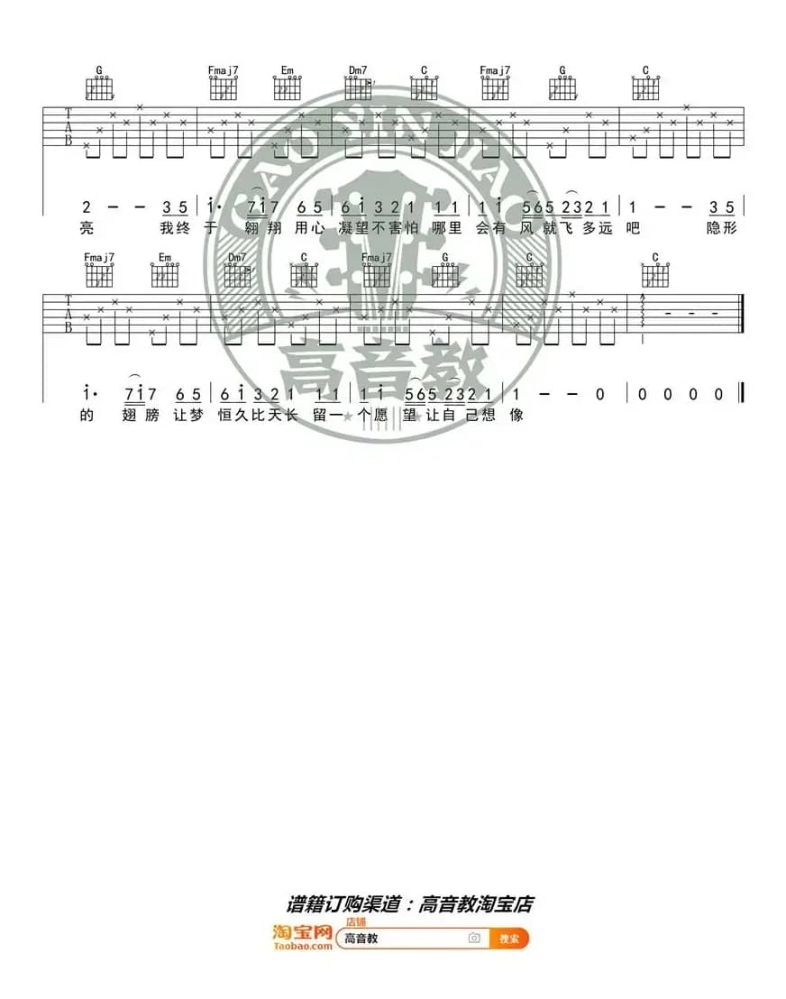 《隐形的翅膀》吉他谱C调入门版 高音教编配 猴哥吉他教学