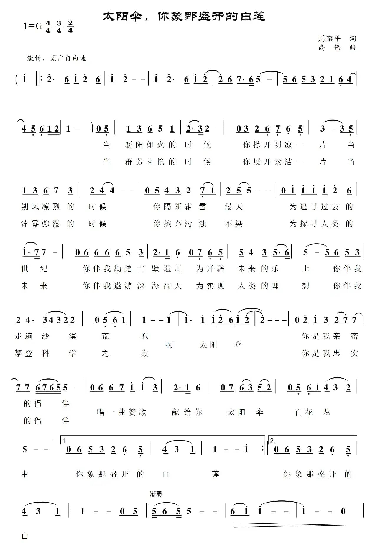 太阳伞，你象那盛开的白莲