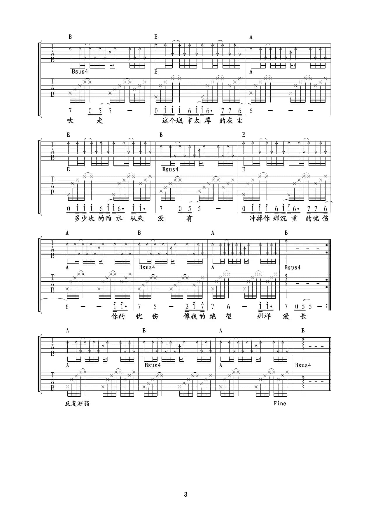 我思念的城市（吉他六线谱）