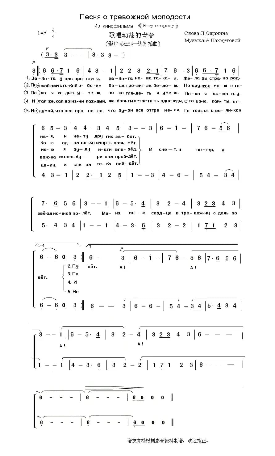 歌唱动荡的青春（俄语简谱）