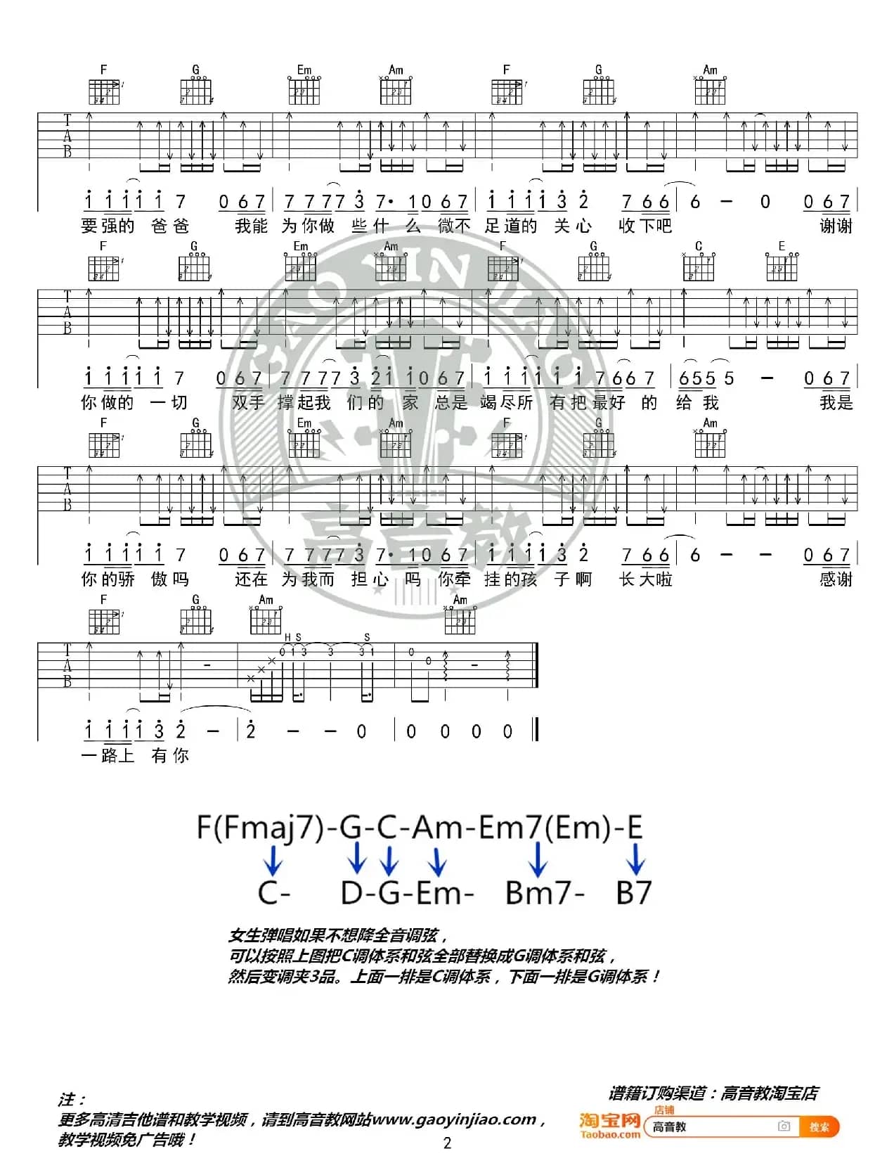 筷子兄弟《父亲》吉他谱吉他弹唱教学C调精华版 高音教