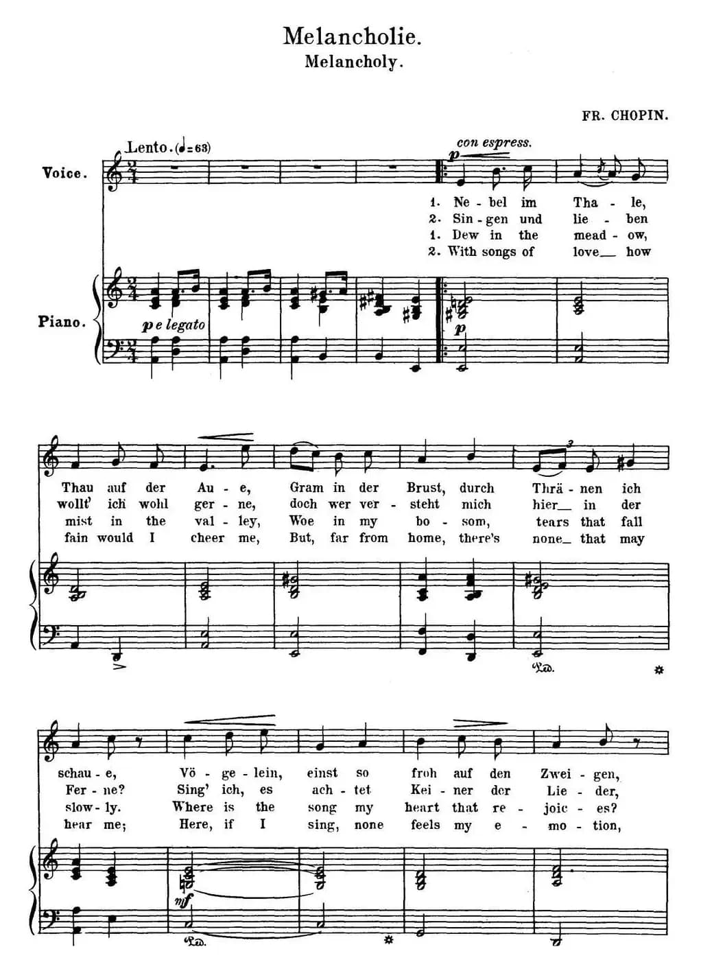 Chopin-17 Polish Songs Op.74，No.13（Melancholie. Melancholy.）（钢琴伴奏谱）