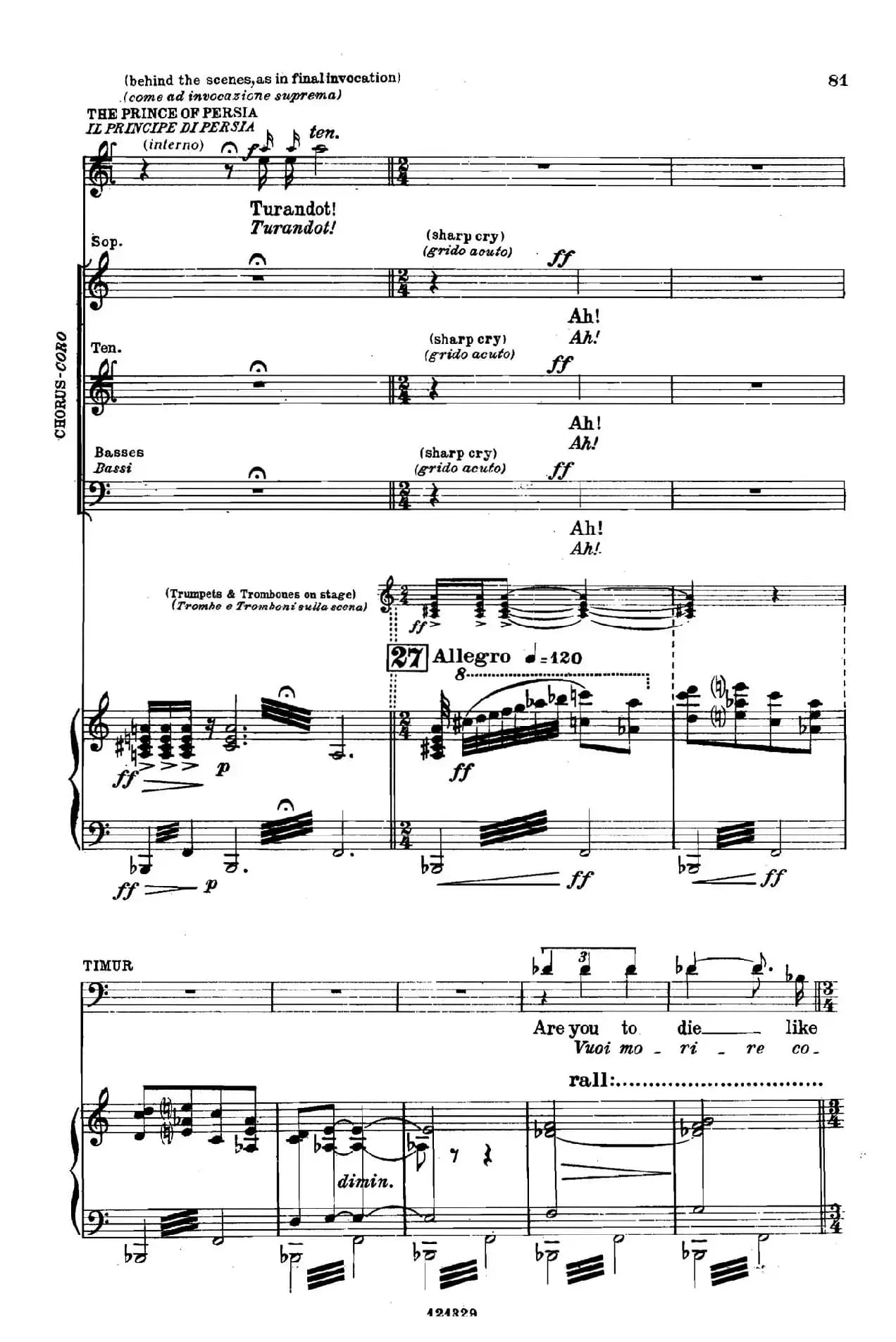 《图兰朵公主》三幕五场歌剧（英意双语）全谱（钢琴伴奏谱 P75——100）