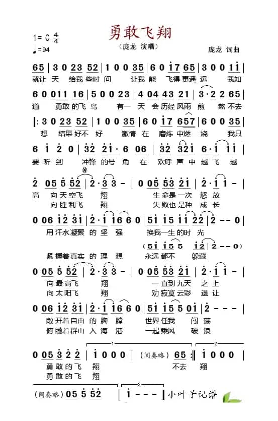 勇敢飞翔（庞龙 词曲）