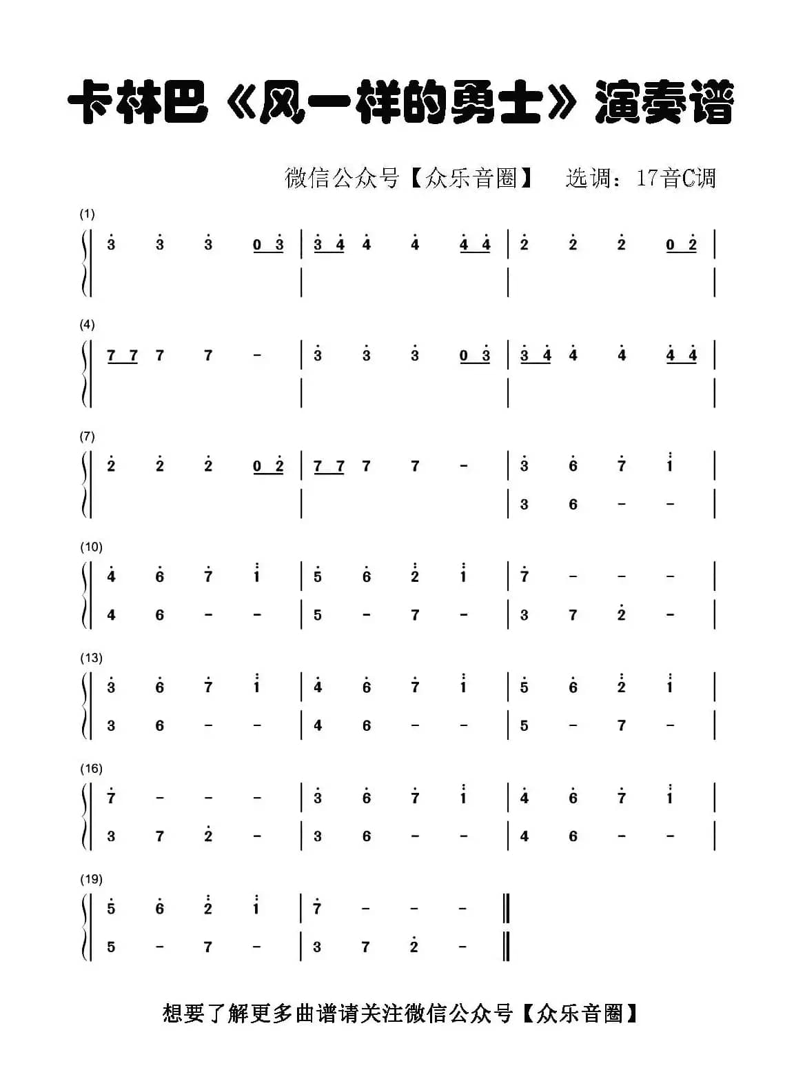 风一样的勇士（拇指琴卡林巴琴和弦简谱）