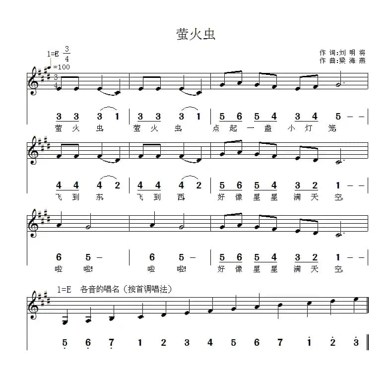 萤火虫（刘明将词 梁海燕曲、线简谱混排版）