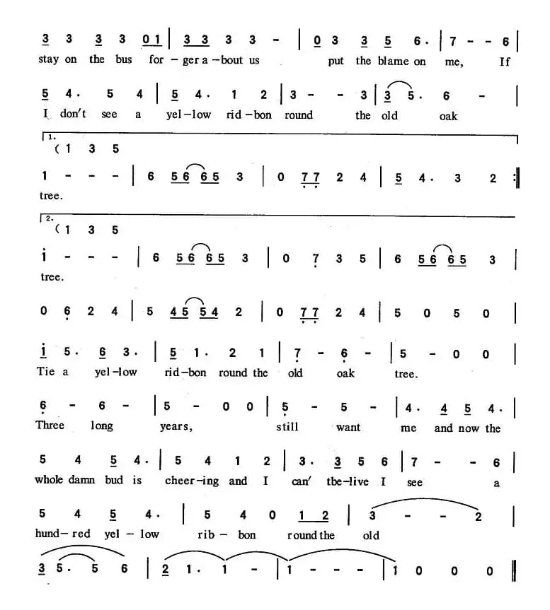 Tie a Yellow Ribbon Round The Old Oak Tree（老橡树上的黄丝带）