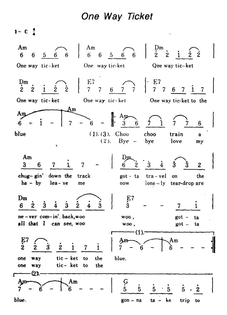 [美]One Way Ticket（单程车票、带和弦）