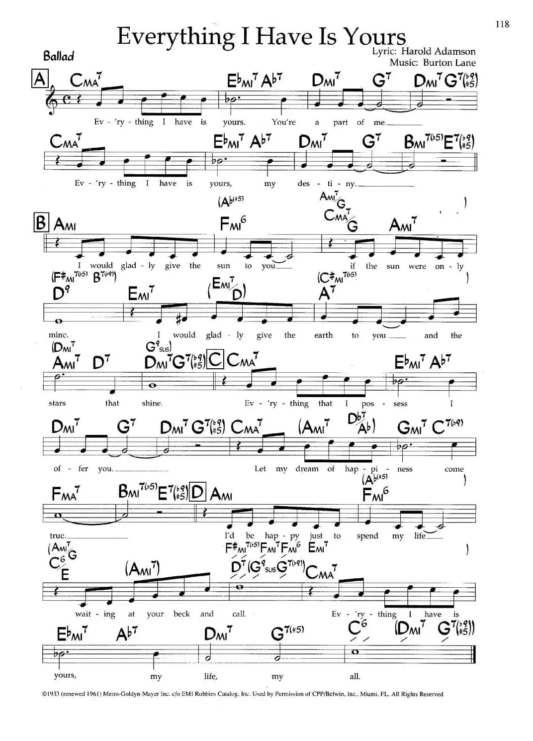 Everything I Have Is Yours（带和弦五线谱）