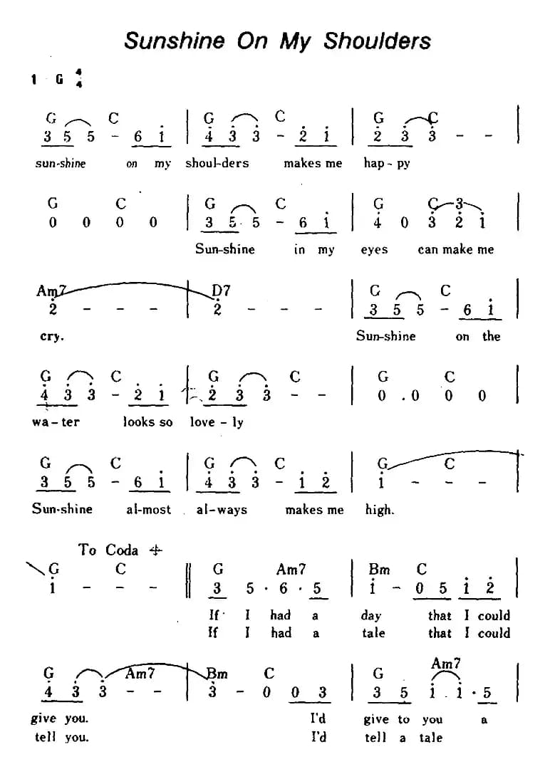 [美]Sunshine On My Shoulders（太阳照在我肩上、带和弦）