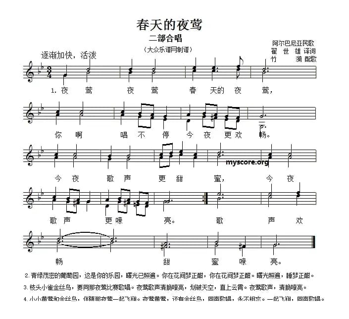 [阿尔巴尼亚]春天的夜莺（二声部、五线谱）