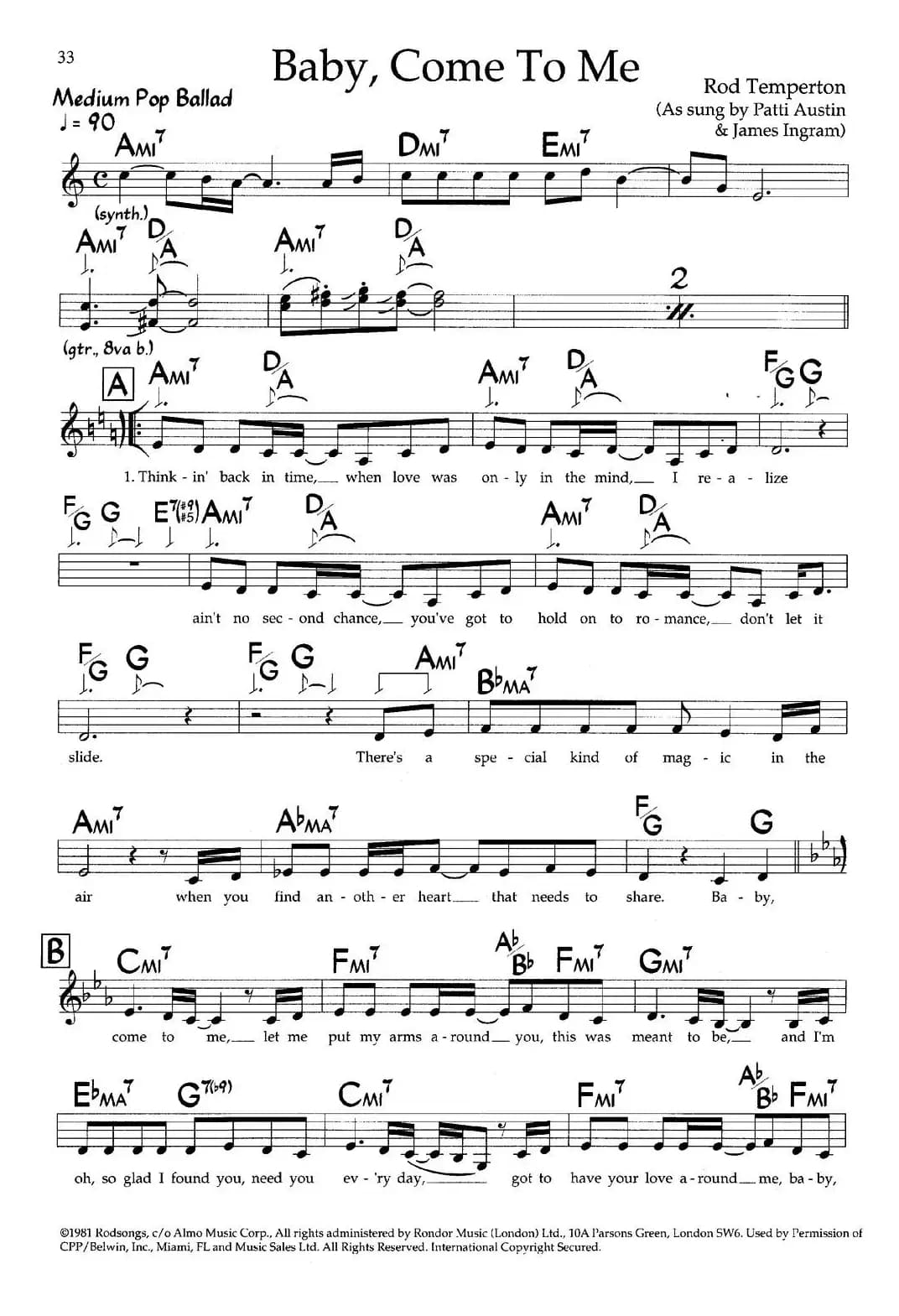 Baby,Come To Me（带和弦五线谱）