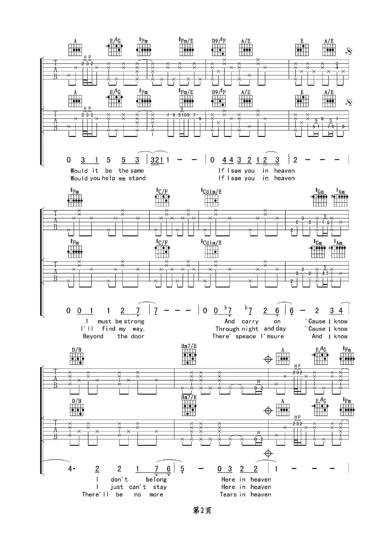 Tears in heaven（吉他六线谱）