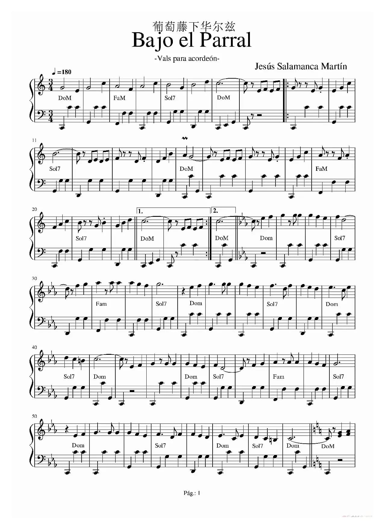 葡萄藤下（手风琴五线谱）