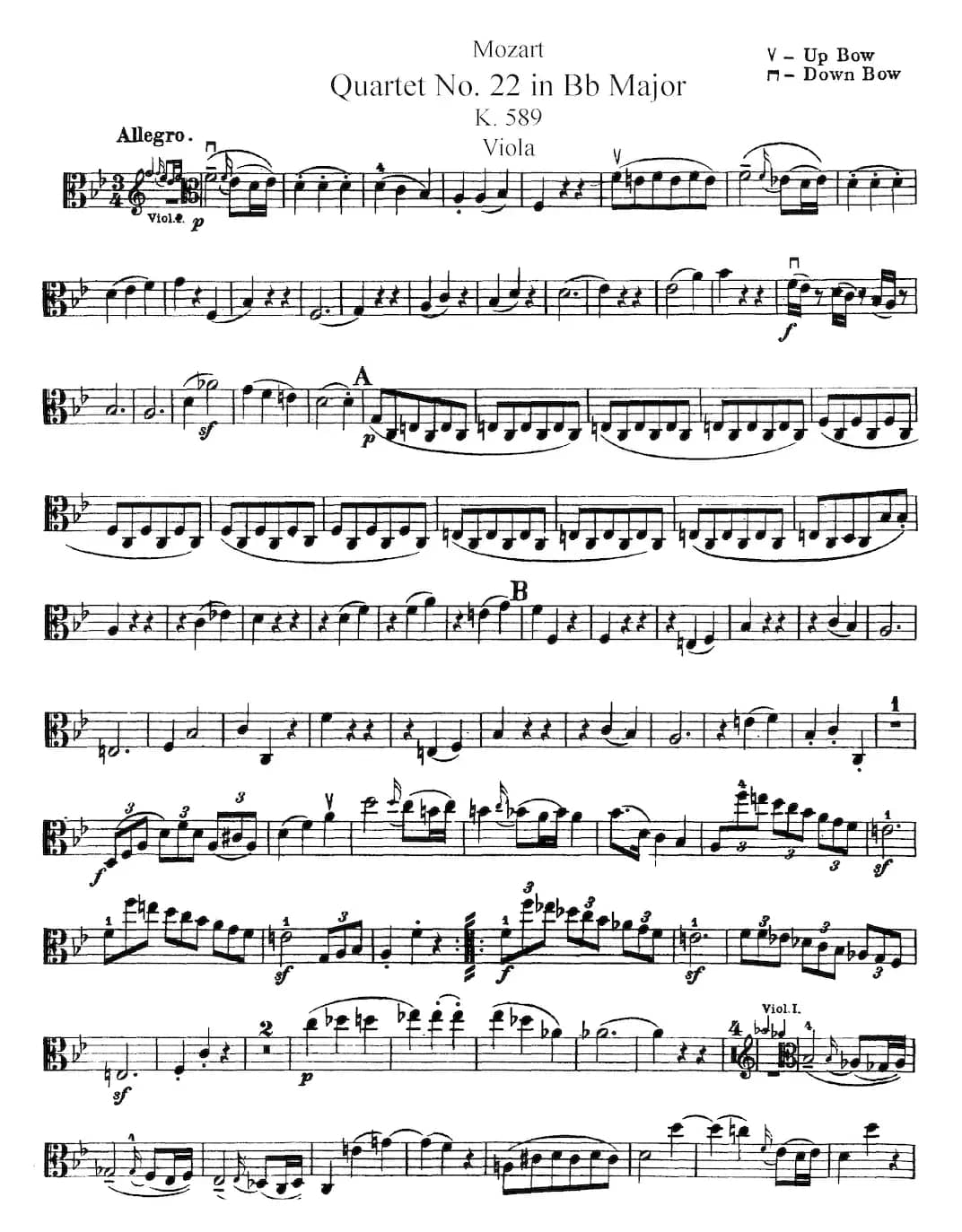 Mozart《Quartet No.22 in Bb Major，K.589》（Viola分谱）