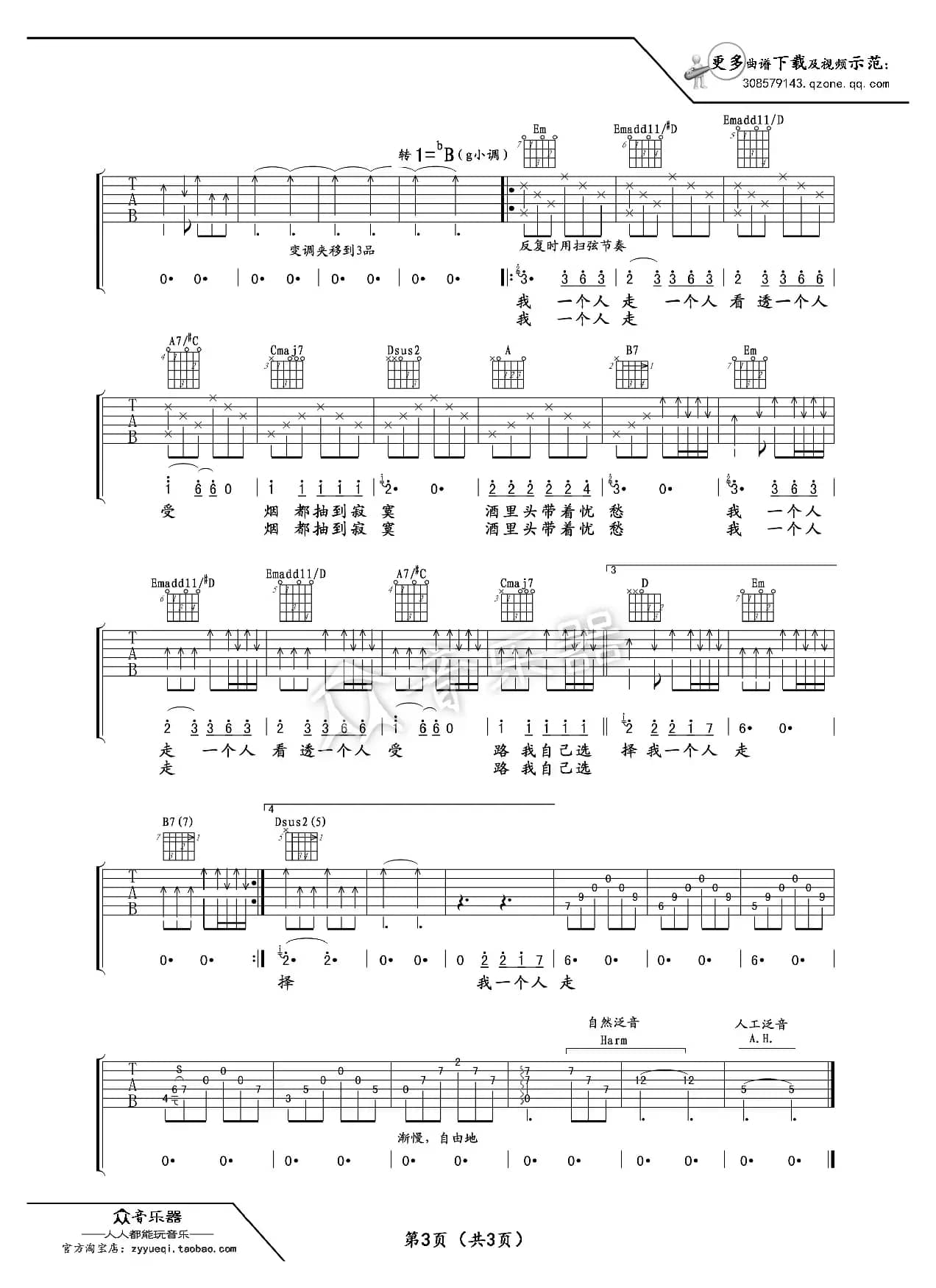 写给自己的歌（吉他六线谱）