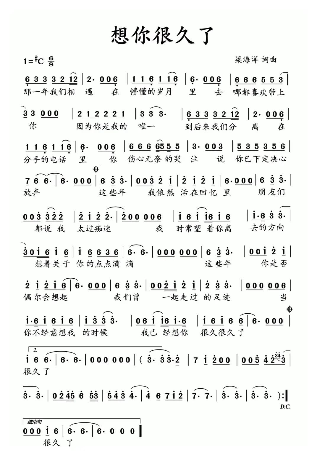 想你很久了（梁海洋 词曲）