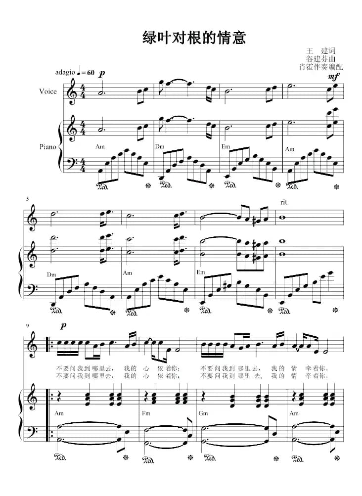 绿叶对根的情意（肖霍配伴奏版、正谱）