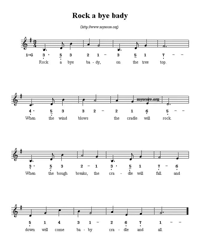 Rock a bye bady（线简谱混排版、英文儿歌）