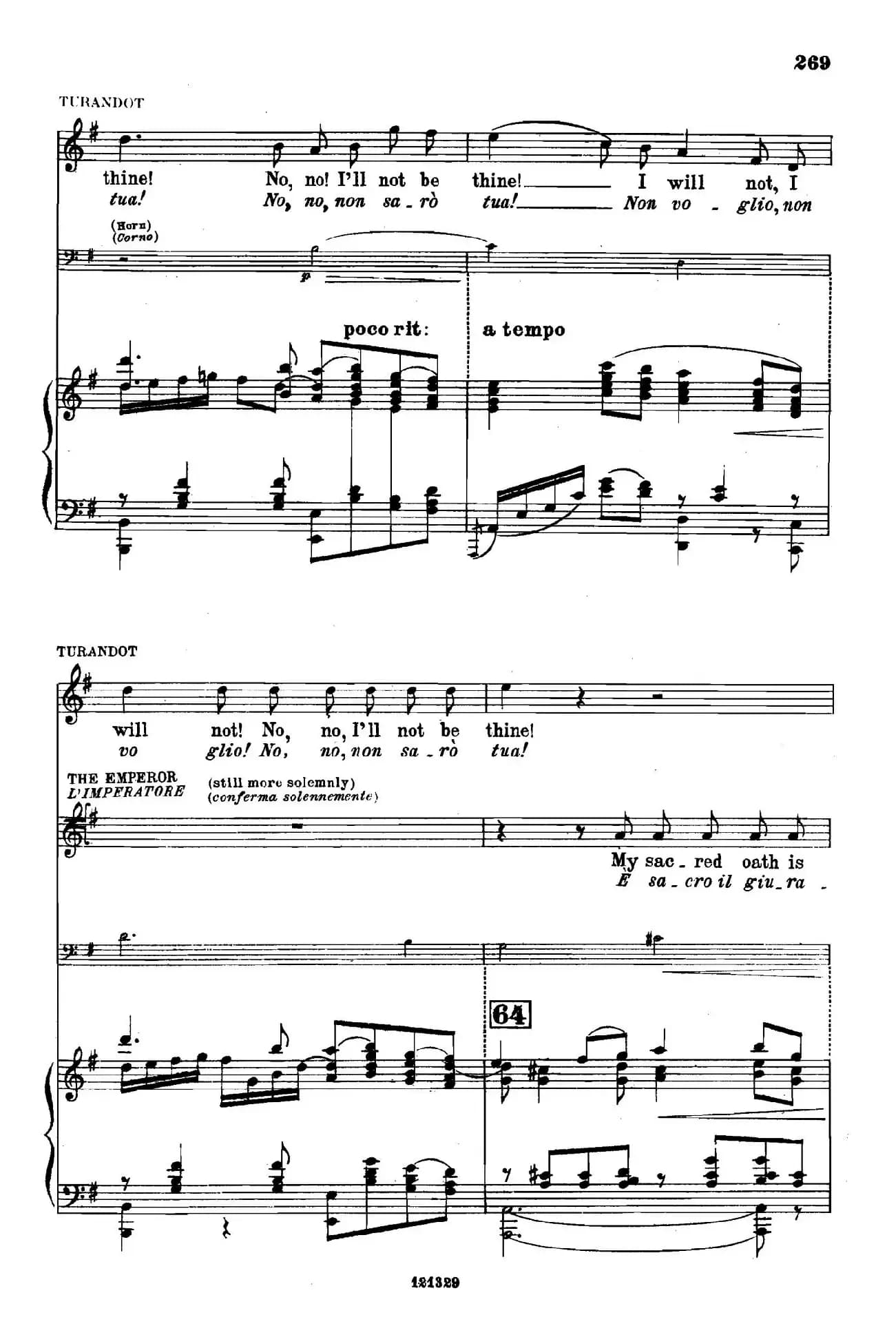 《图兰朵公主》三幕五场歌剧（英意双语）全谱（钢琴伴奏谱 P264——282）