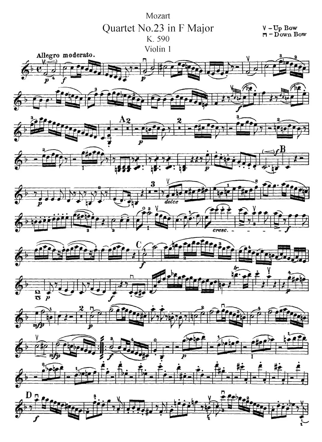 Mozart《Quartet No.23 in F Major，K.590》（Violin 1分谱）