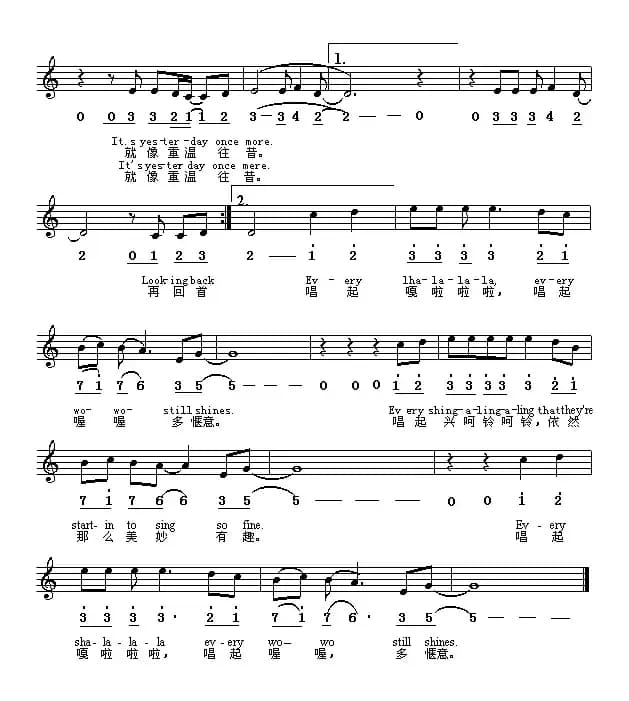 Yesterday Once More（昨日重现）（中英文对照、线简谱混排版）