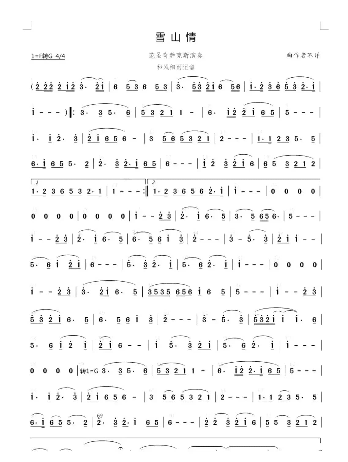 萨克斯简谱雪山情