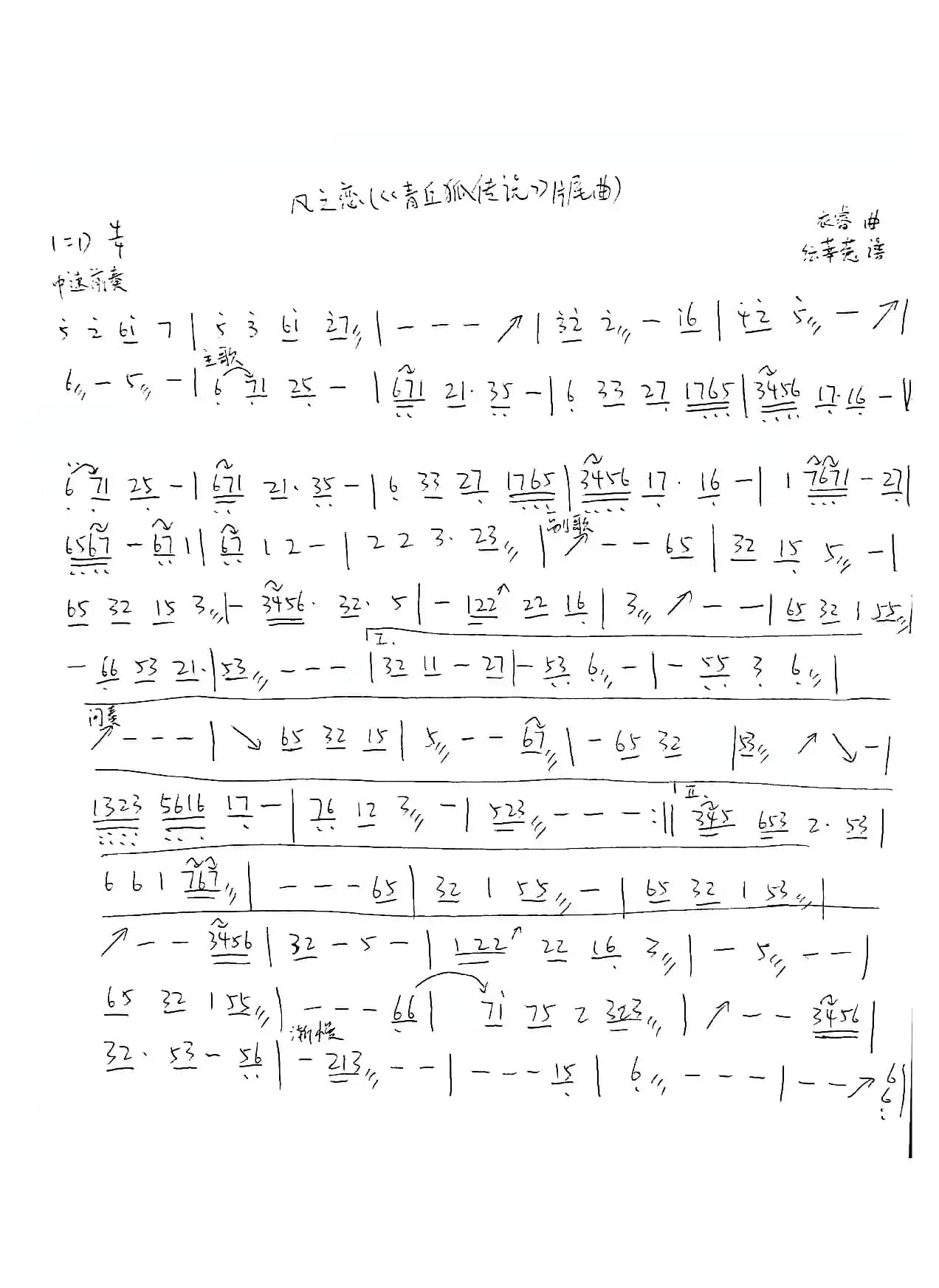 风之恋古筝谱（《青丘狐传说》片尾曲）