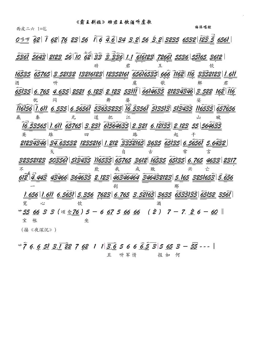 《霸王别姬》劝君王饮酒听虞歌（京剧《霸王别姬》选段、琴谱）