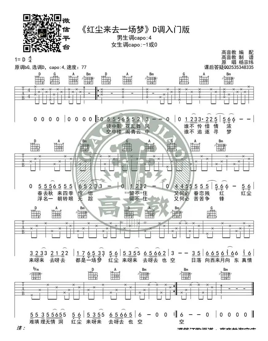 《红尘来去一场梦》吉他谱D调入门版 高音教编配 猴哥吉他教学