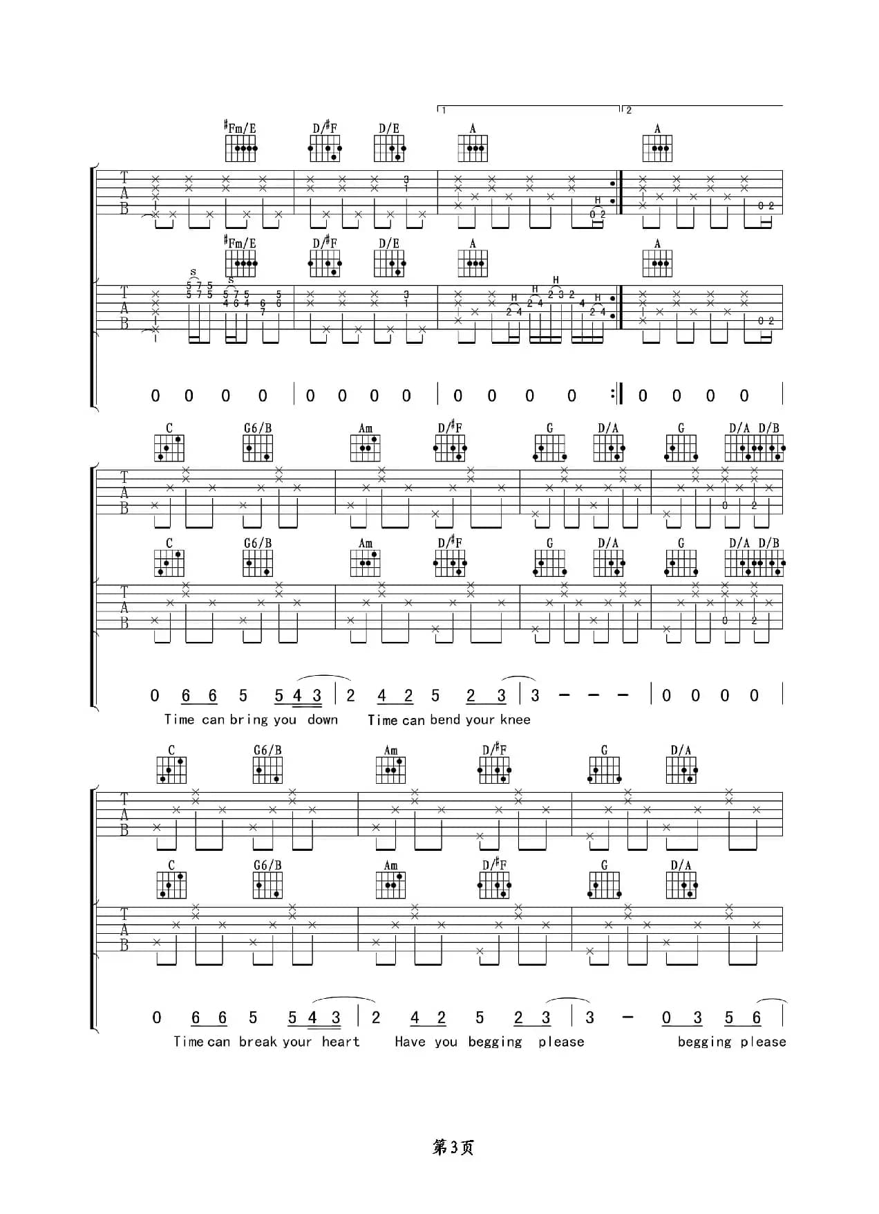 Tears in heaven（吉他六线谱）