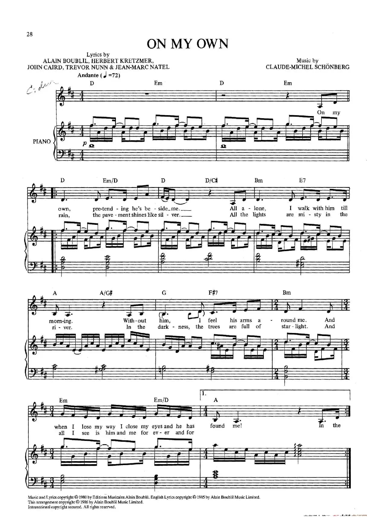 On My Own（音乐剧《悲惨世界》（Les Miserables）选曲、正谱 ）